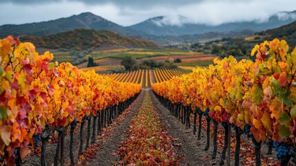Naklejka premium Vibrant autumn vineyard landscape with colorful grapevines.