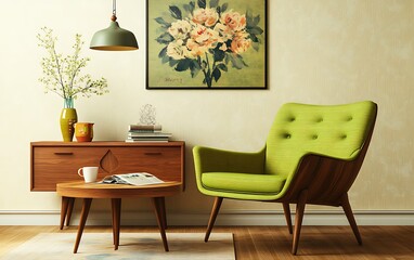 Retro Living Room with Mid-Century Modern Twist, Bright Green Armchair, and Vintage Wall Art for a Vibrant and Stylish Design