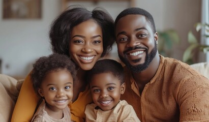 A happy black colored family with two children sitting on the sofa at home, laughing and playing together in the living room. High-quality, realistic photograph. 
