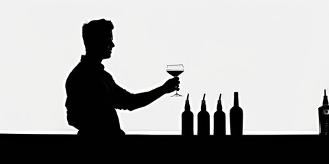 Silhouette of a bartender skillfully shaking a cocktail against a clean white background during a busy evening shift