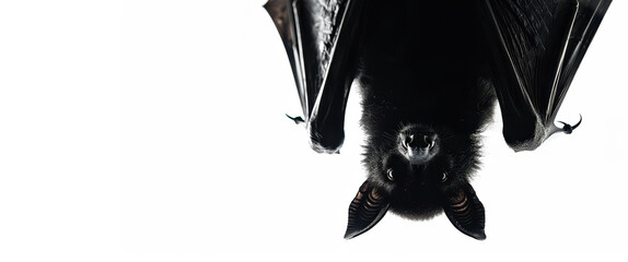 A dark silhouette of a bat hanging upside down against a white background in a serene, isolated setting evoking a sense of mystery