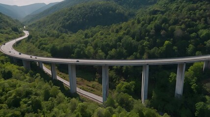 aerial view of a highway bridge between forest trees and hills connecting city and village. generative ai