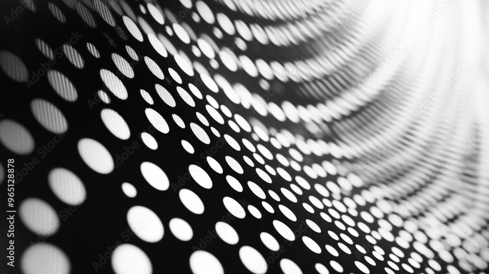 Poster abstract illustration of dynamic black and white dotted patterns flowing across a surface