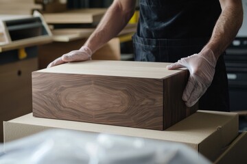 A handcrafted furniture business packaging a custom-made coffee table. The table is carefully wrapped and, Generative AI