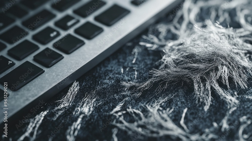 Aufkleber close-up of asbestos fibers on a desktop beside a computer, created by generative ai, merging hazard