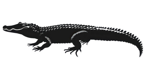 Naklejka premium Dark silhouette of a crocodile crawling across a plain white background during daylight hours
