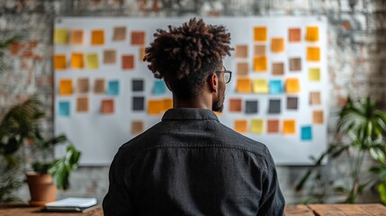 Visionary Planning: A focused businessman contemplates a wall covered in colorful sticky notes, symbolizing the brainstorming process of a creative project.  