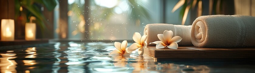 Luxurious signature spa services with plumeria essence, serene ambiance, soft glowing lights, calming mist, high-resolution, ultra-detailed, photorealistic relaxation therapy experience