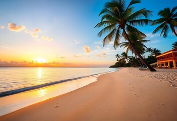 tropical beach at sunset, with palm trees silhouetted against a vibrant sky