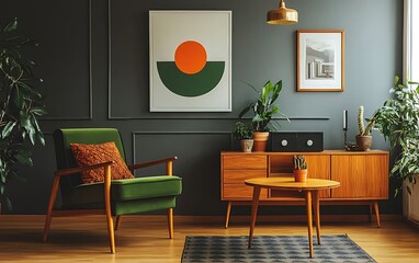 Retro Living Room with Mid-Century Modern Aesthetic, Green Armchair, and Sleek Wooden Coffee Table...