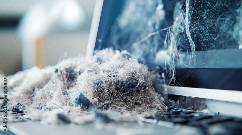 Aufkleber close-up of asbestos fibers on a desktop beside a computer, created by generative ai, merging hazard