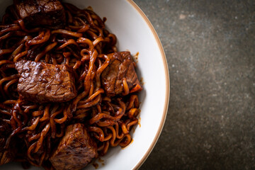 Jjapaguri or Chapaguri, Korean Black Beans Spicy Noodles with Beef