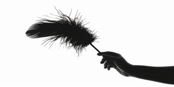 recommend clip art: Dark silhouette of a hand holding a feather duster against a clean white background highlighting cleaning tools and household activities