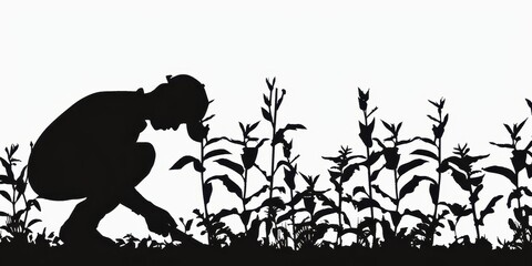 Fototapeta premium Gardener pruning plants in a simple dark silhouette on an isolated white background at dusk