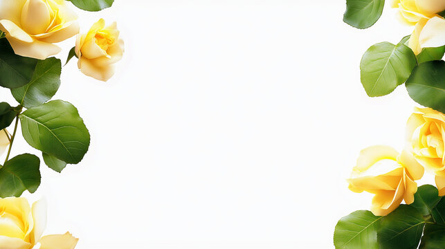 Bright yellow roses and vibrant green leaves frame a blank white background, creating a cheerful and fresh aesthetic ideal for celebrations or special occasions, copy space