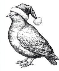 Fototapeta premium Black and white Vintage engraved art of a Dove with a Christmas Santa hat, isolated on white background, ink sketch illustration, simple vector art design, highly detailed line art, high contrasty 
