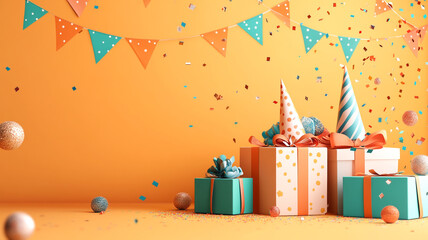 Colorful birthday celebration with party hats, gifts, and confetti in a festive atmosphere