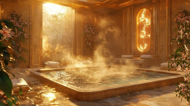 Plumeria-infused luxury spa, calming steam, warm golden light, lavish setting, tranquil retreat, ultra-detailed, high-resolution, cinematic relaxation experience