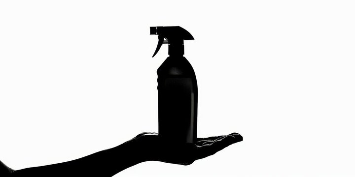 recommend clip art: Dark silhouette of a hand gripping a cleaning spray bottle against a stark white background showcasing everyday cleanliness and care