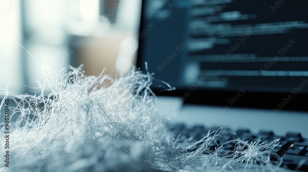 Aufkleber asbestos fibers in focus on a desktop with a computer, digitally generated by ai technology, symboli