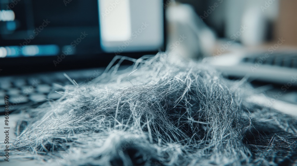 Aufkleber asbestos fibers in focus on a desktop with a computer, digitally generated by ai technology, symboli
