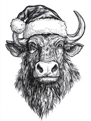 Black and white Vintage engraved art of a full-body bongo with a Christmas Santa hat, isolated on white background, ink sketch illustration, simple vector art design, highly detailed line art, high