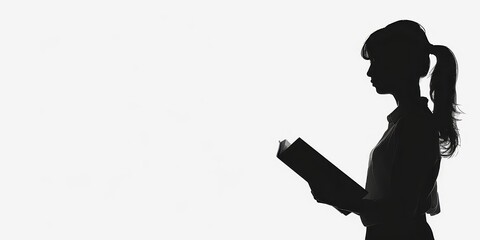 A dark silhouette of a librarian holding a book against a simple white background, emphasizing knowledge and education