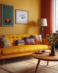 Classic Retro Living Room with Mustard Yellow Sofa, Round Wooden Coffee Table, and Vintage Lamp for a Warm and Nostalgic Space