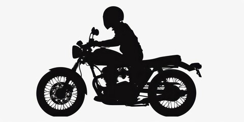 Fototapeta premium Dark silhouette of a motorcycle rider cruising along an open road against an isolated white backdrop during daytime