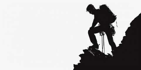 Obraz premium Silhouette of a mountain climber equipped with gear against a plain white background during an adventurous ascent