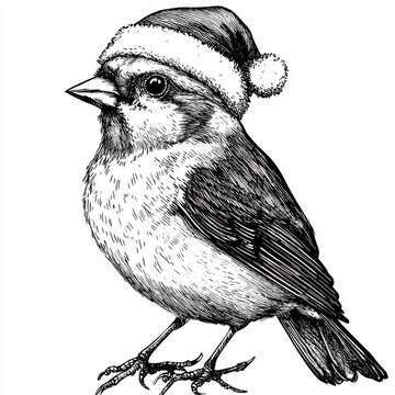recommend clip art: Black and white Vintage engraved art of a Goldfinch wearing a Christmas Santa hat, isolated on white background, ink sketch illustration, simple vector art design, highly detailed line art,