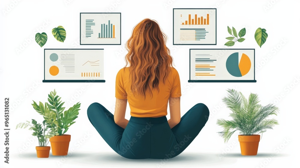 Poster data-driven decisions: a woman sits in a meditative pose surrounded by charts and graphs, symbolizin