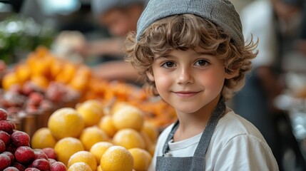 Young boy in a market surrounded by colorful fruits.