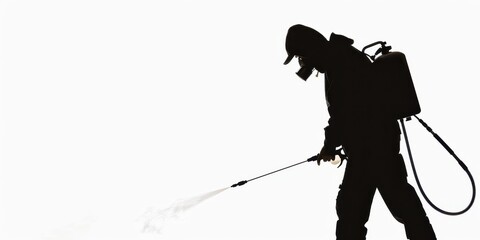 Fototapeta premium Dark silhouette of a person disinfecting a surface against an isolated white background during a health and safety precaution