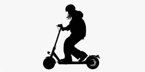 Silhouette of a person riding a scooter on a minimalist white background, capturing movement and freedom in an urban setting