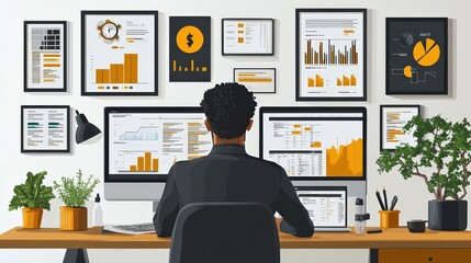 Data Driven Decisions: A focused businessman analyzes data and charts on multiple screens in a modern office setting, symbolizing strategic planning and informed choices.