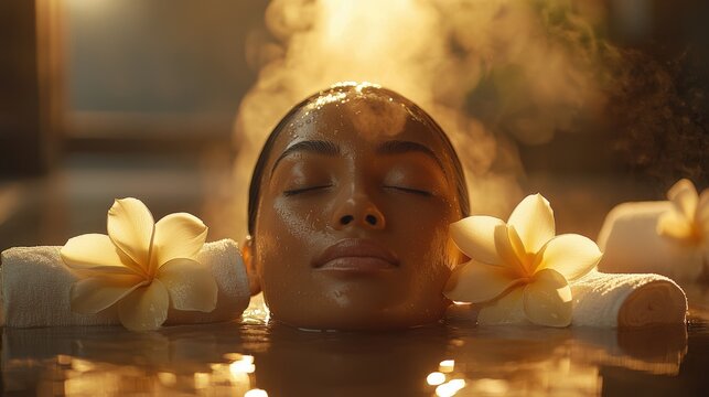 Plumeria-infused scalp treatments, calming steam, warm golden light, luxurious spa setting, tranquil pampering retreat, ultra-detailed, high-resolution, cinematic experience