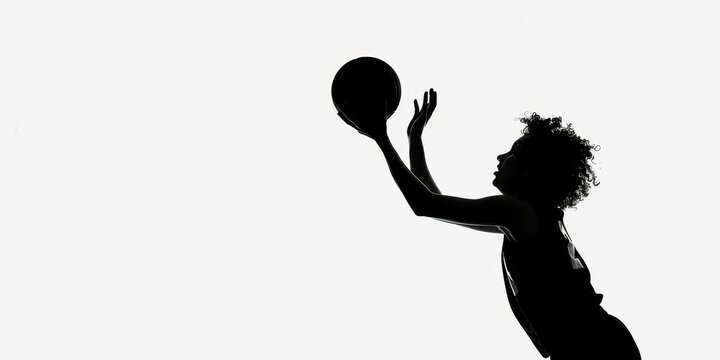 recommend clip art: Dark silhouette of a person shooting a basketball against a plain white background in a dynamic athletic pose