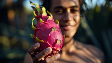 A close-up image of a person holding a vibrant pink dragon fruit. The setting is outdoors, highlighting the exotic nature of the fruit and creating a sense of freshness