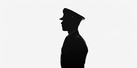 Dark silhouette of a pilot in uniform standing against an isolated white background during a serene moment of reflection