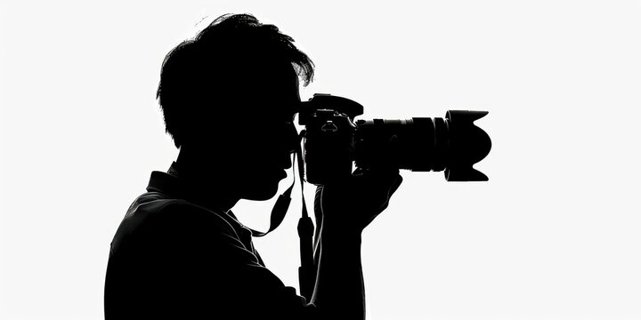 Dark silhouette of a photographer adjusting a camera against a clean white backdrop in a studio setting