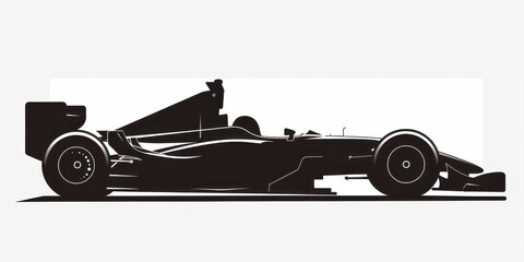 Dark silhouette of a sleek race car on a minimalistic white background emphasizing speed and performance