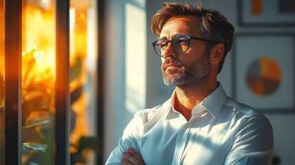 Thoughtful Man at Sunset: A contemplative businessman stands by a window, the warm glow of the setting sun casting a golden hue across his face. He gazes out at the horizon, his thoughtful expression 