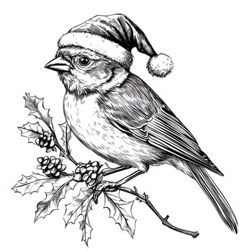 recommend clip art: Black and white Vintage engraved art of a Sparrow with a Christmas Santa hat, isolated on white background, ink sketch illustration, simple vector art design, highly detailed line art, high 