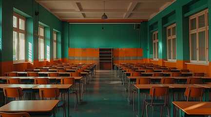 empty conference room with chairs, classroom with chairs, room with chairs, conference hall with chairs, An empty school classroom with rows of wooden desks and chairs