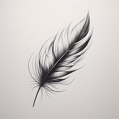 A minimalist black and white tattoo sketch of a single feather with delicate, flowing lines and minimal shading
