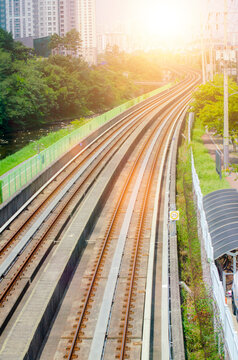 Empty train track, double Tracks with sunlight in countryside