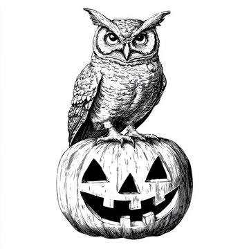 recommend clip art: Black and white Vintage engraved art of an owl perched on top of a Jack o' lantern, isolated on white background, ink sketch illustration, simple vector art design, highly detailed line art, 