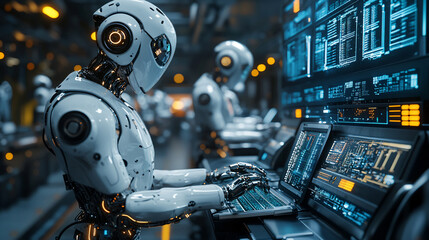 Fototapeta premium Robot engineers stand on a platform, working with laptop. Automation worker concept. 