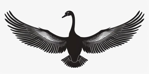 Elegant dark silhouette of a swan with spread wings on a clean white background showcasing its grace and beauty